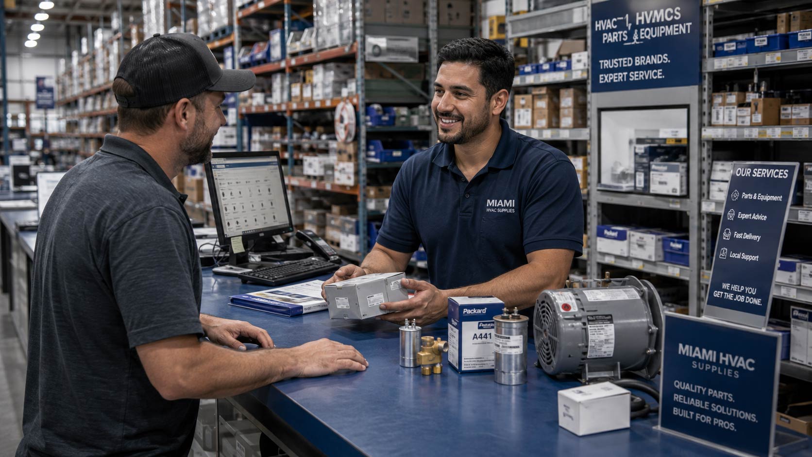 HVAC contractor sourcing parts and equipment at a professional supply counter